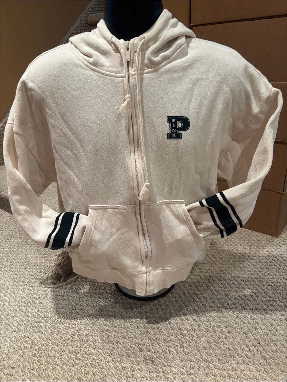 PINK Victoria's Secret Cream Zip Hoodie with Black Stripe Cuffs